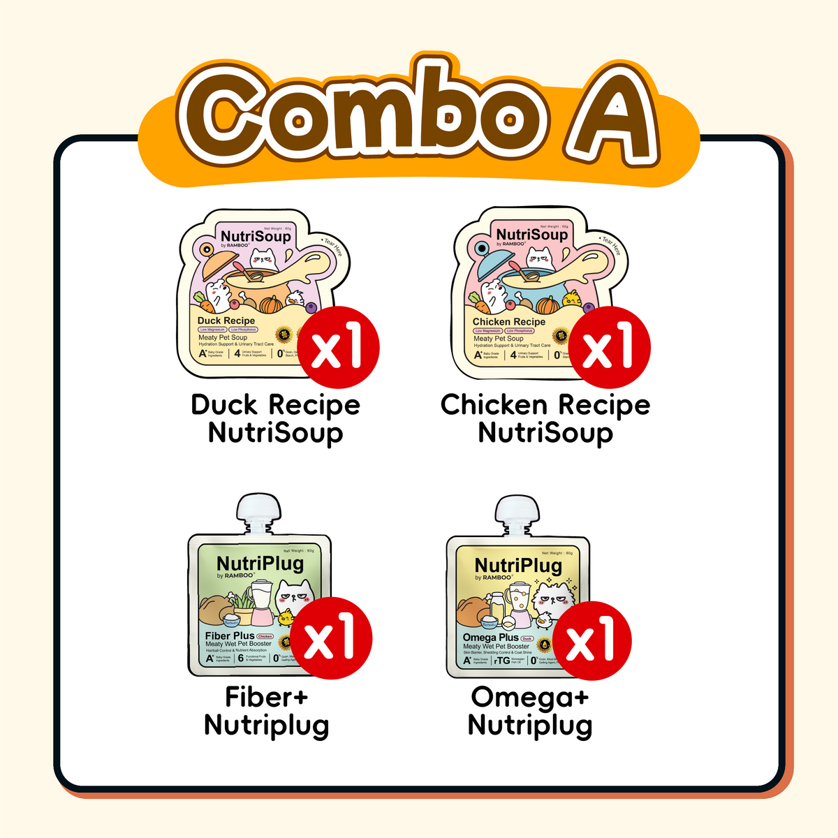 RAMBOO's Picks Combo A with Chicken and Duck NutriSoup, Fiber Plus and Omega Plus pouches